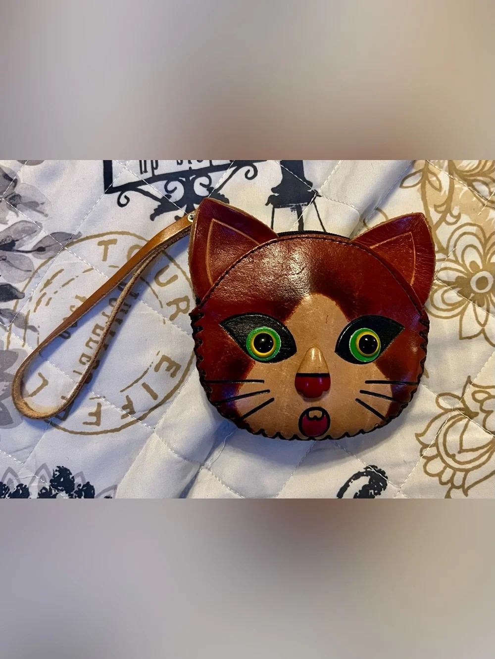 Leather Cat Face Coin Purse - Brown